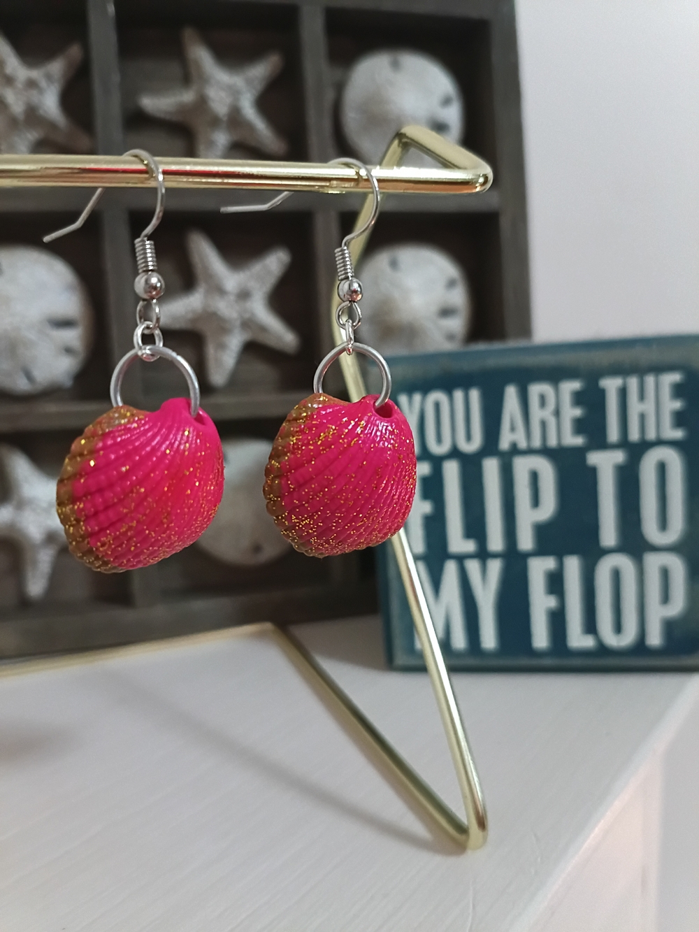 Handcrafted Pink Seashell Dangle Earrings with Gold Glitter Painted By Hand